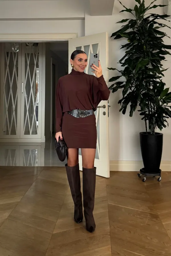 Yarasa Kol Kemerli Mini Elbise