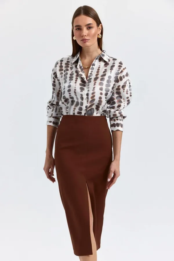 High-Waisted, Slit, Straight-Cut Midi Skirt