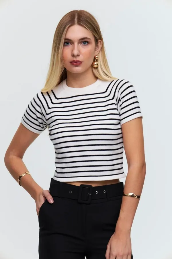 Bisiklet Yaka Kısa Kollu Çizgili Triko Bluz