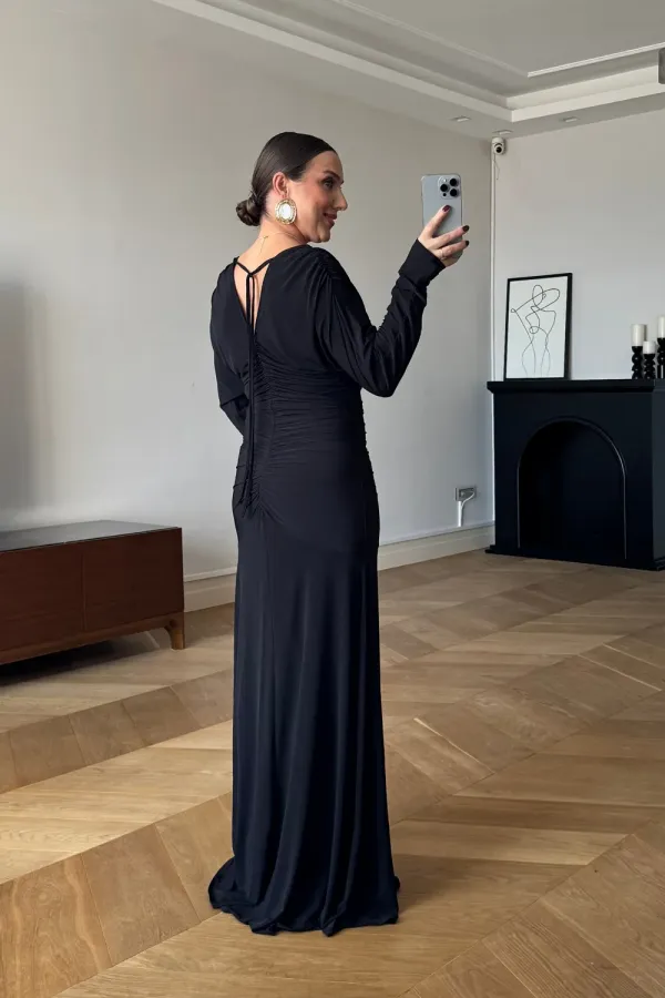 Büzgülü Uzun Kollu Uzun Elbise