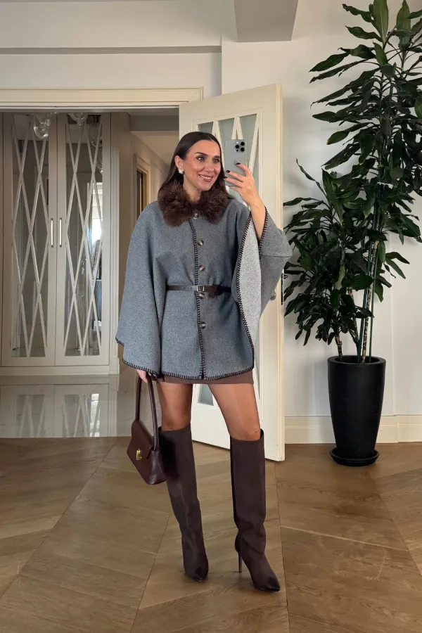 Dikiş Detaylı Suni Kürklü Kaşe Panço