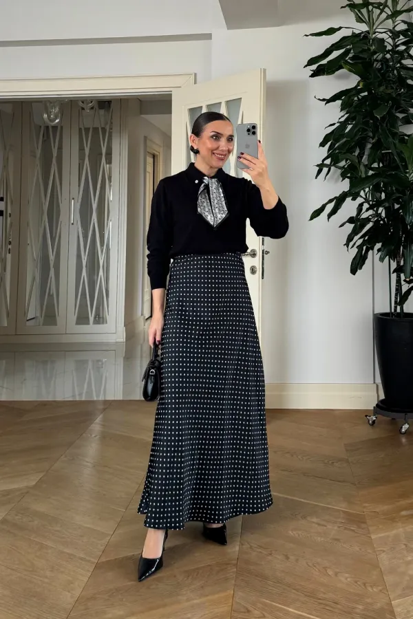 Puantiyeli Saten Uzun Etek