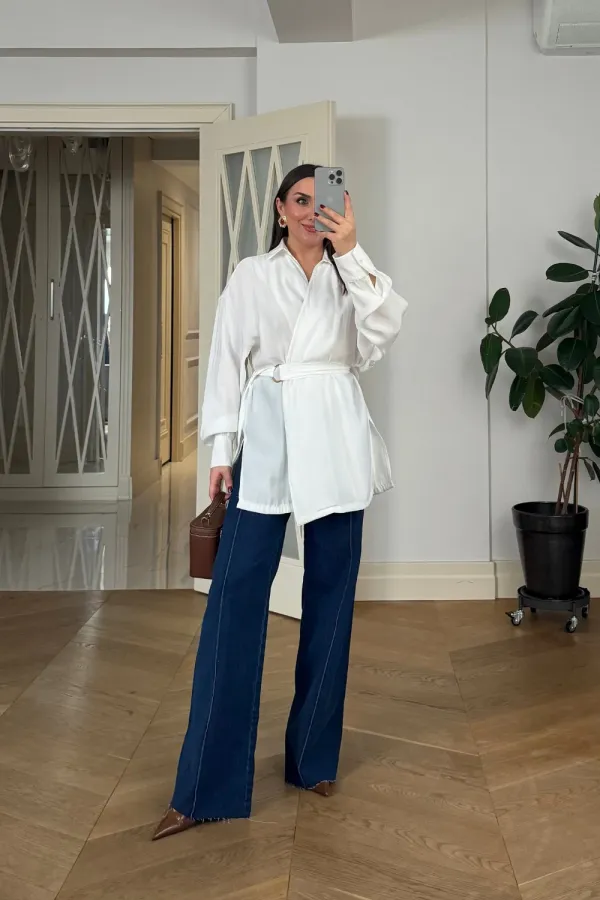 Kruvaze Kemerli Uzun Kollu Bluz