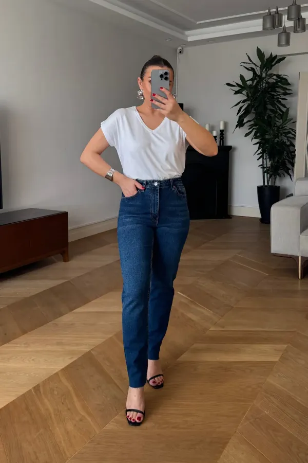 Kesik Paça Boyfit Kadın Denim Pantolon