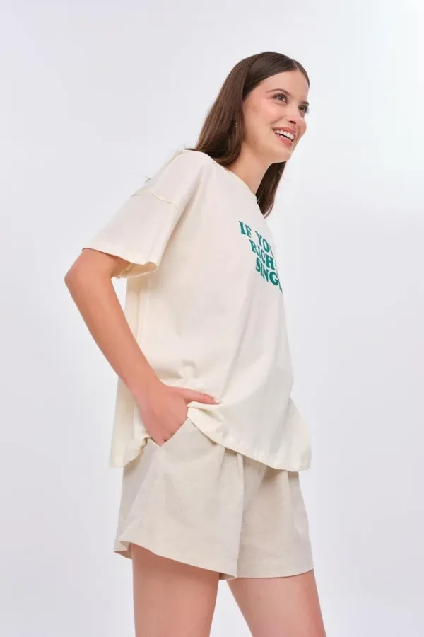 Oversize Bisiklet Yaka Baskılı Kadın Tişört