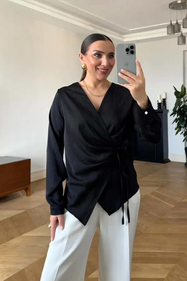 Kruvaze Bağlamalı Uzun Kollu Bluz