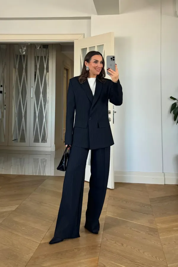 Kruvaze Çizgili Blazer Ceket Pantolon Kadın Takım Kruvaze Çizgili Blazer Ceket Pantolon Kadın Takım