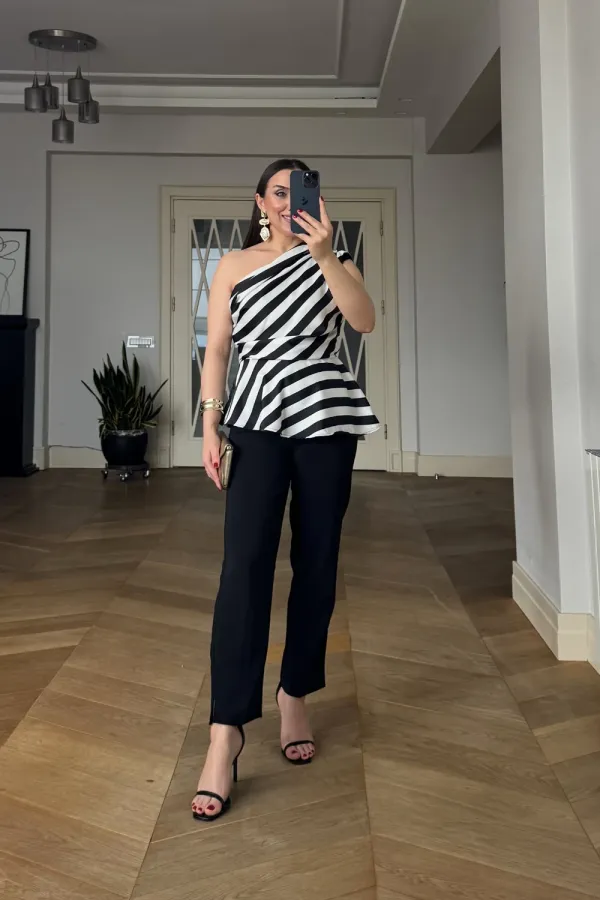 One-Shoulder Striped Satin Blouse