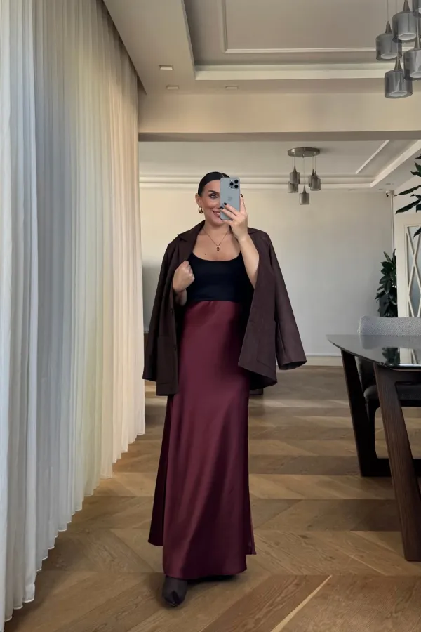 Beli Lastikli Uzun Saten Etek