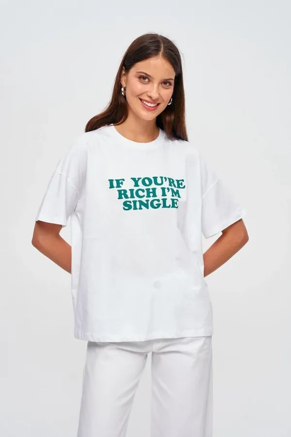 Oversize Bisiklet Yaka Baskılı Kadın Tişört