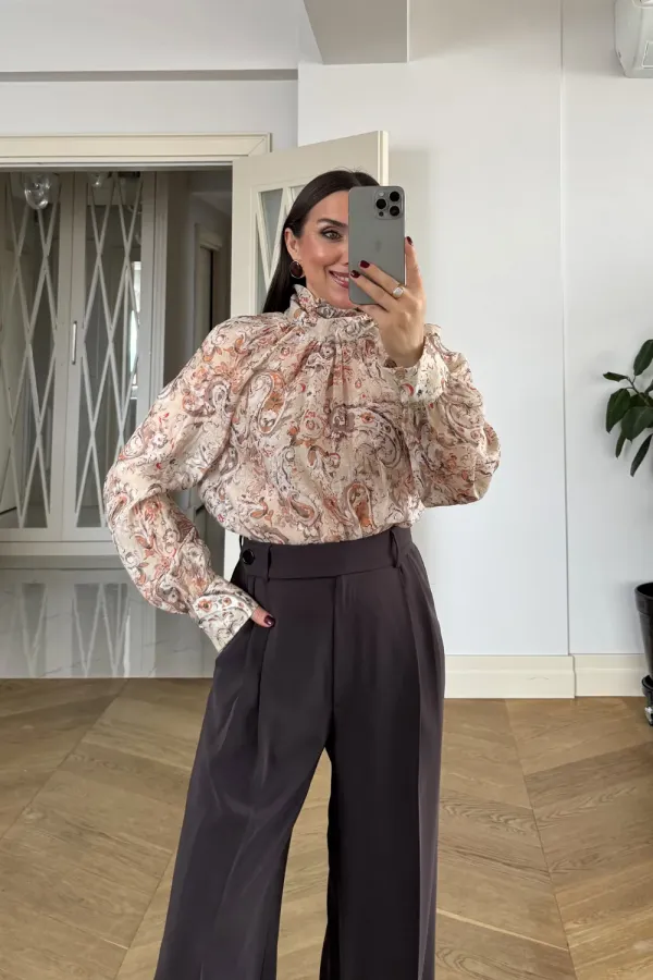 Desenli Şal Yaka Uzun Kollu Bluz