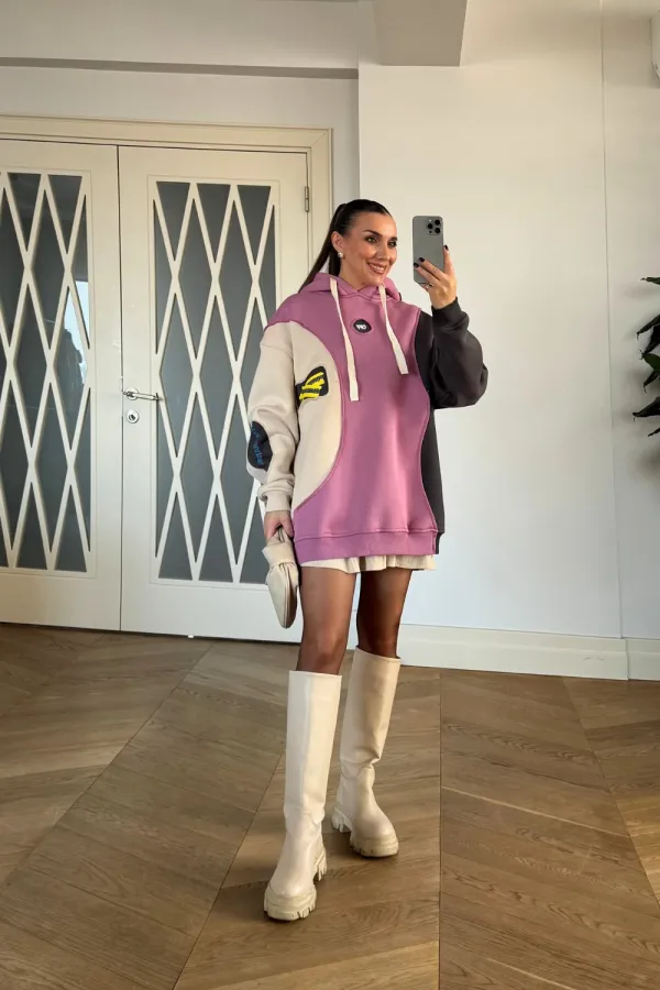 Blok Renkli Kapüşonlu Kadın Sweatshirt