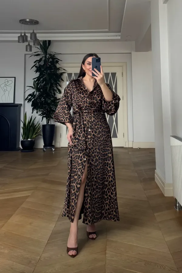 Leopar Desenli Gömlek Elbise