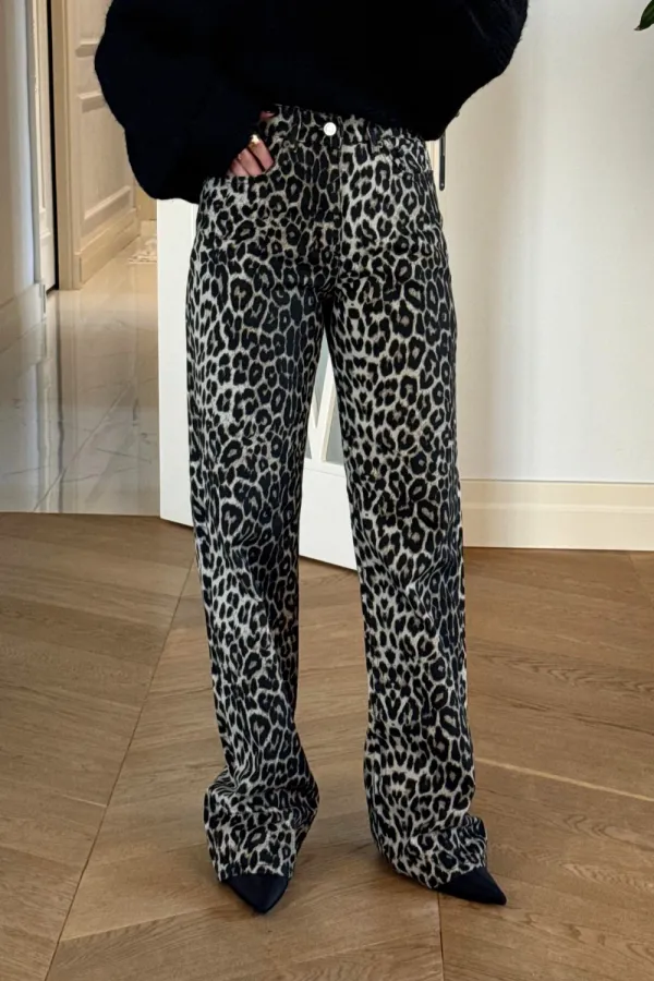Leopar Desenli Denim Kadın Pantolon