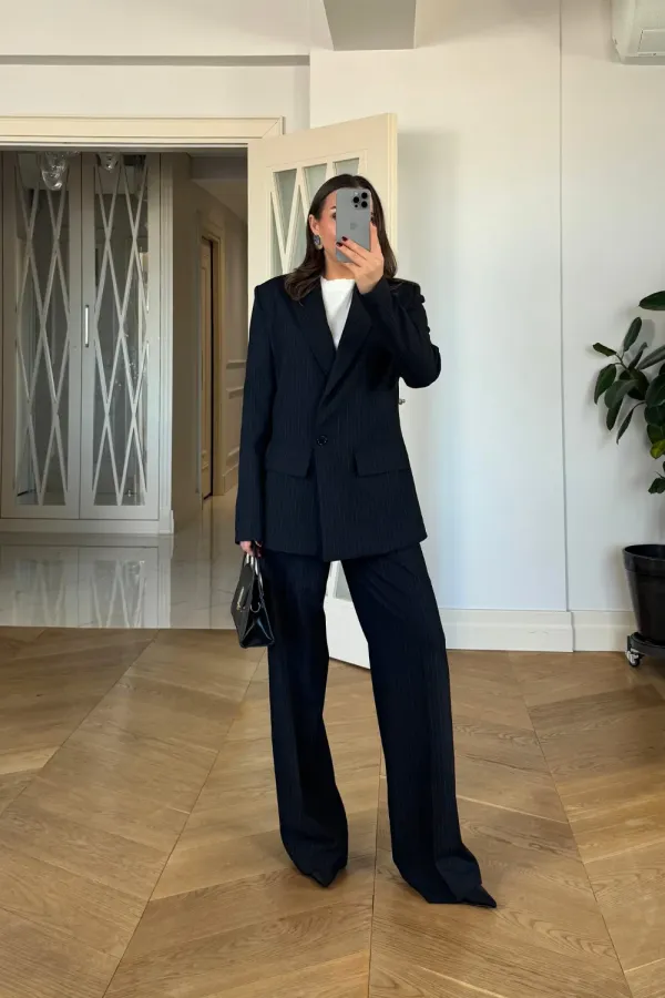Kruvaze Çizgili Blazer Ceket Pantolon Kadın Takım Kruvaze Çizgili Blazer Ceket Pantolon Kadın Takım