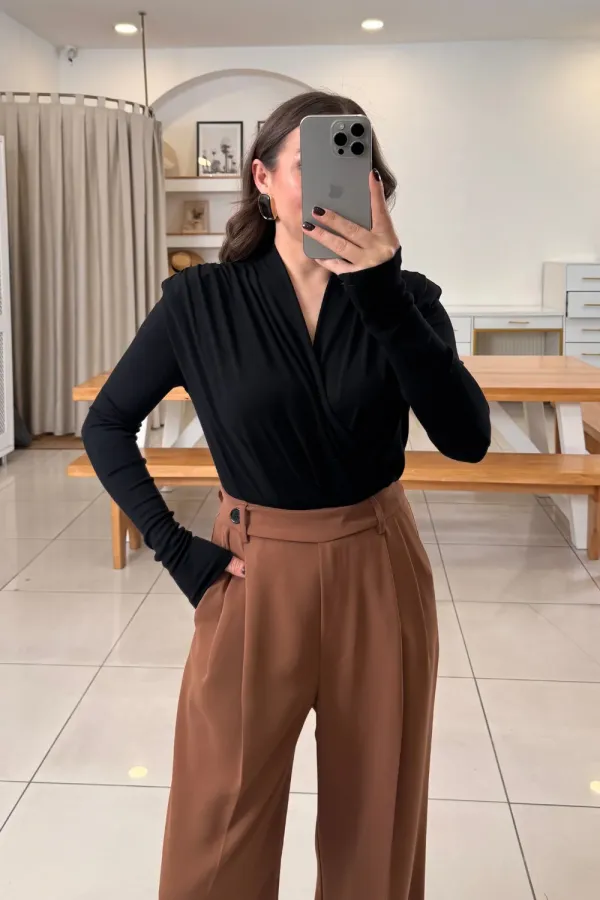 Wrap-Neck Padded Long-Sleeved Bodysuit