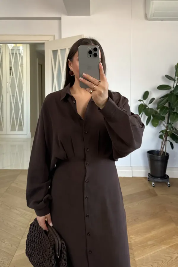 Kuşak Detaylı Uzun Kollu Gömlek Elbise