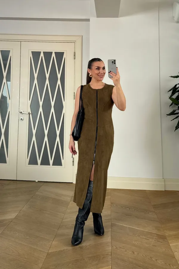 Suni Süet Sıfır Kol Midi Elbise