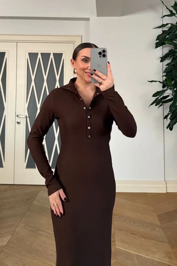 Fitilli Dik Yaka  Uzun Kollu Uzun Elbise