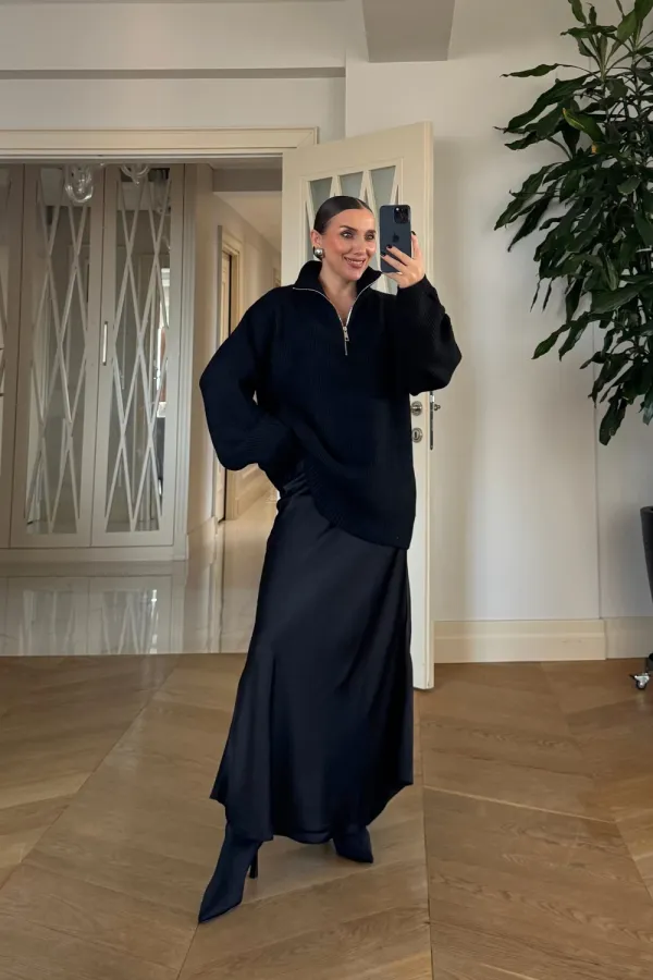 High-Neck Zip-Up Knitted Women's Sweater