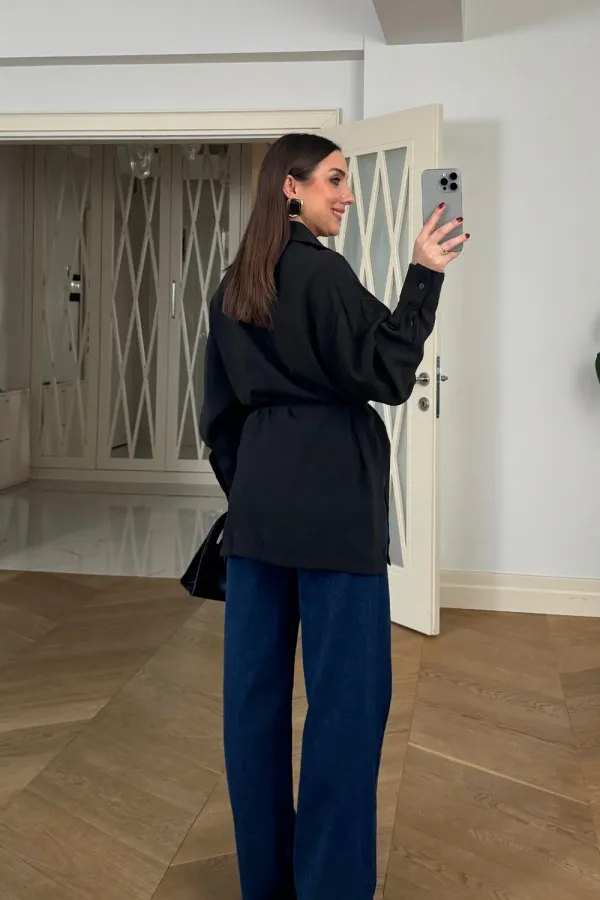 Kruvaze Kemerli Uzun Kollu Bluz