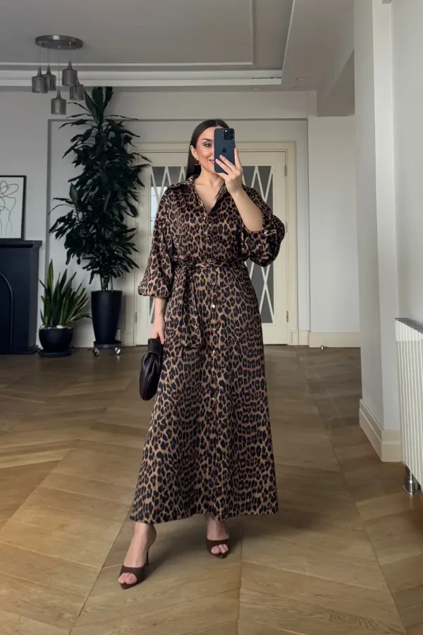 Leopar Desenli Gömlek Elbise