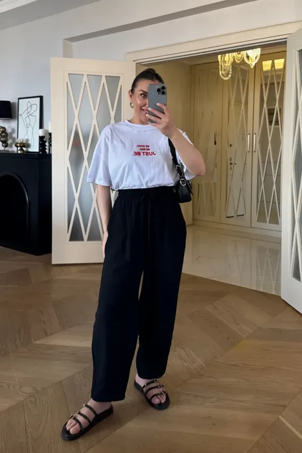 Bisiklet Yaka Baskılı Kısa Kollu Kadın Tişört %100 Pamuk