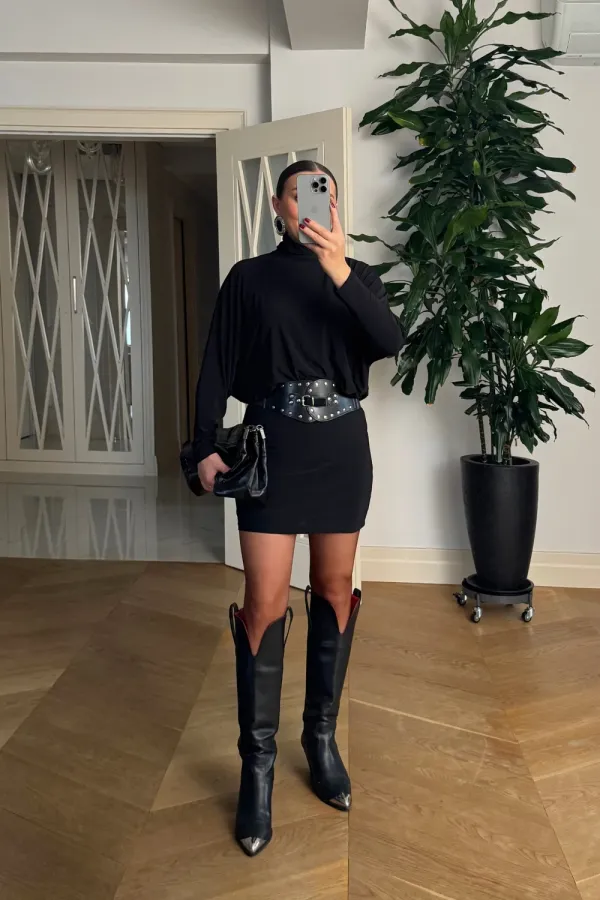 Yarasa Kol Kemerli Mini Elbise