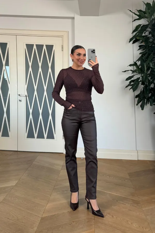 Taşlı Transparan Tül Bluz