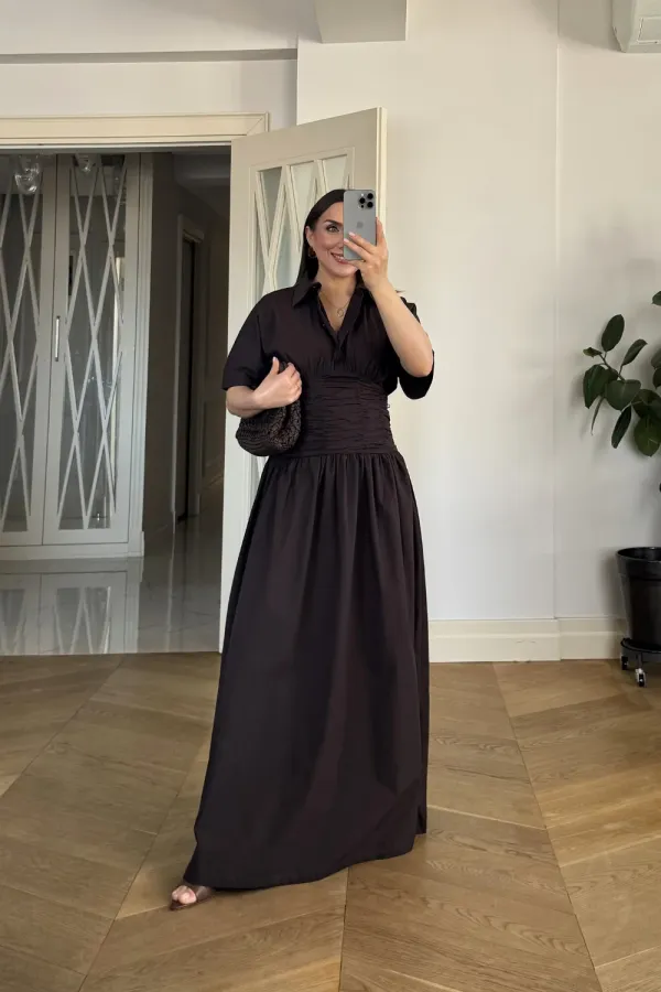 Gömlek Yaka Drapeli Uzun Elbise