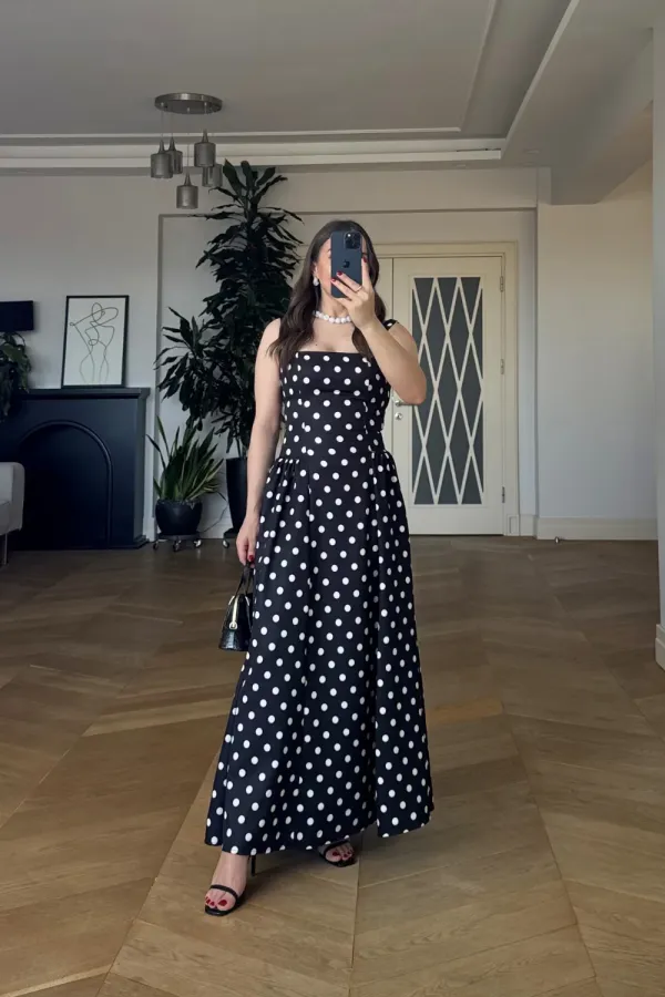 Square Neck Polka Dot Strappy Midi Dress Square Neck Polka Dot Strappy Midi Dress