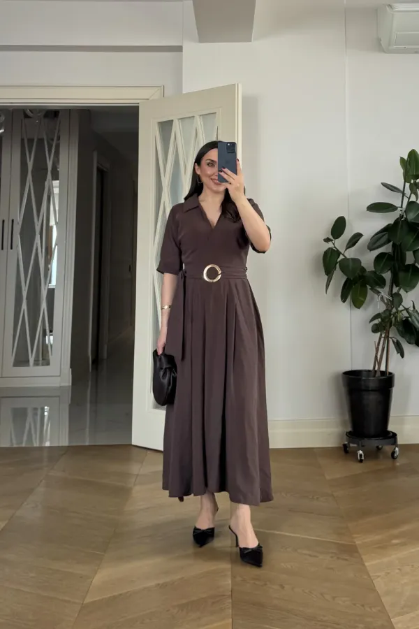 Kruvaze Yaka Kısa Kollu Uzun Elbise