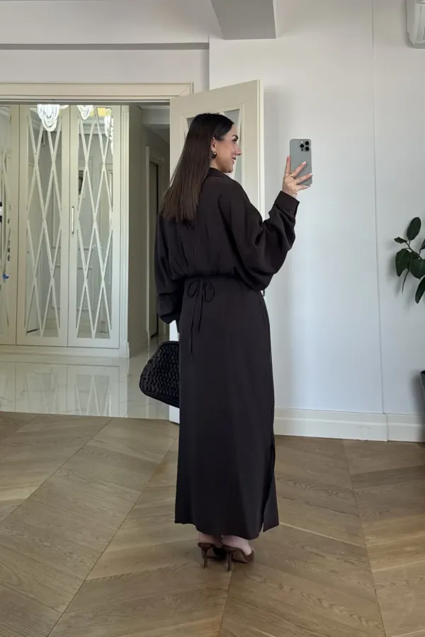 Kuşak Detaylı Uzun Kollu Gömlek Elbise