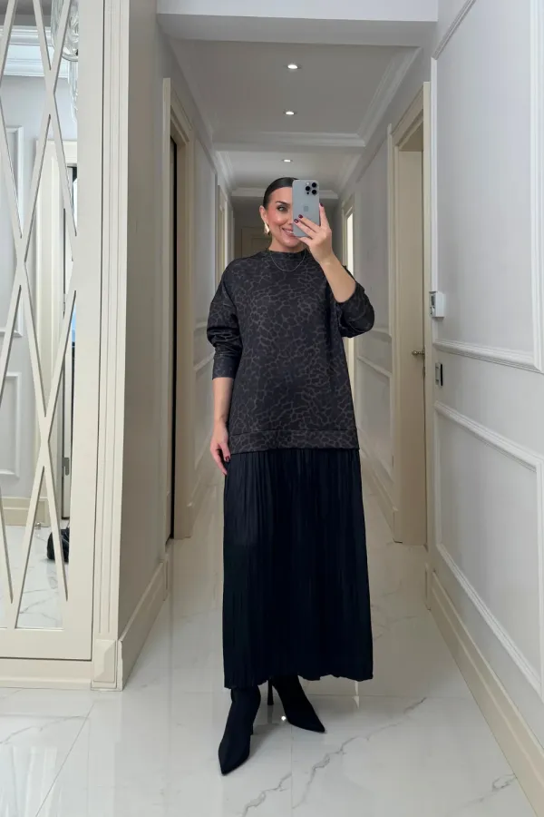 Leopar Desenli Sweat Uzun Elbise