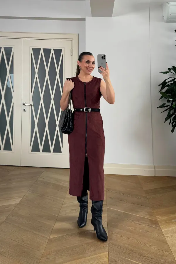 Suni Süet Sıfır Kol Midi Elbise