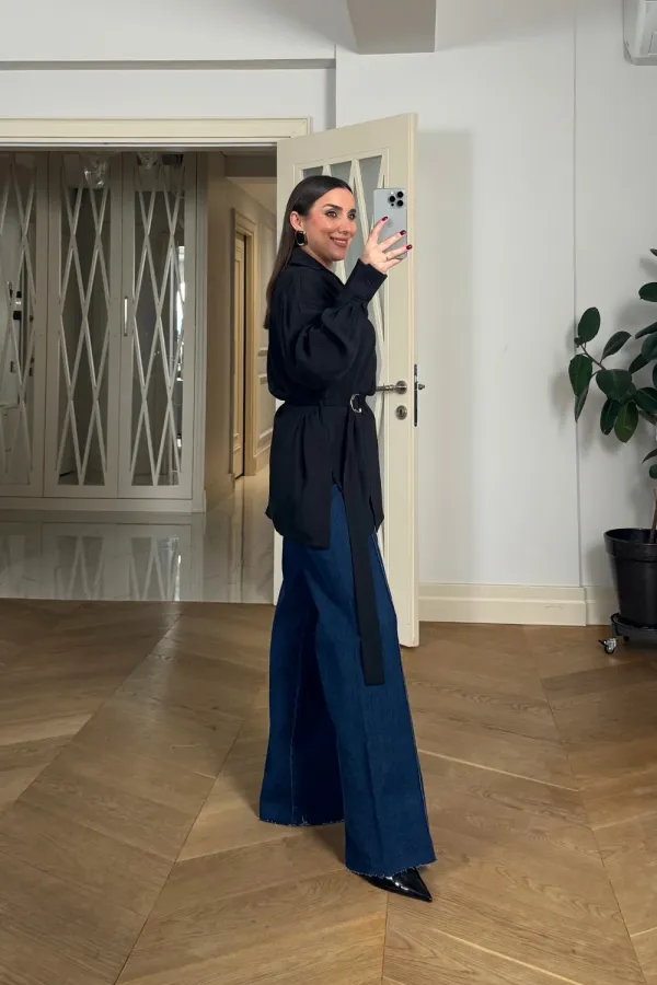 Kruvaze Kemerli Uzun Kollu Bluz