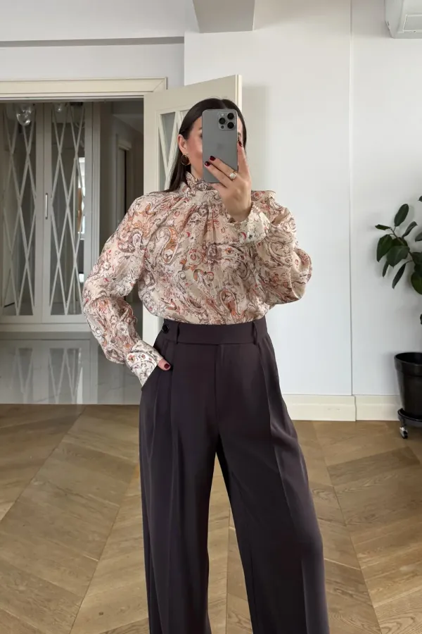 Desenli Şal Yaka Uzun Kollu Bluz