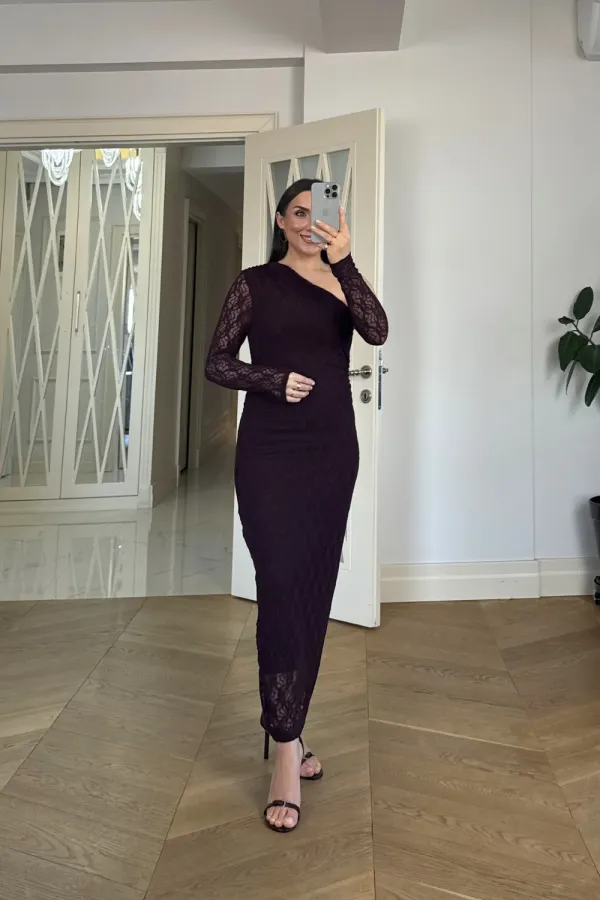 Asimetrik Yaka Dantel Midi Elbise