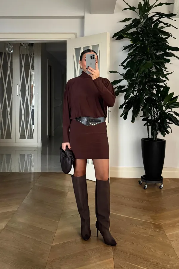 Yarasa Kol Kemerli Mini Elbise