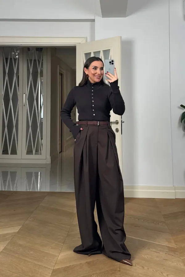 Pensli Kemerli Geniş Paça Kadın Pantolon