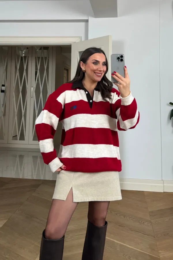 Polo Yaka Çizgili Triko Kadın Kazak