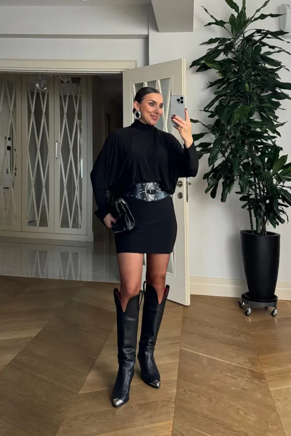 Yarasa Kol Kemerli Mini Elbise