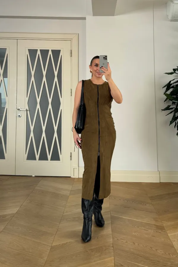 Suni Süet Sıfır Kol Midi Elbise