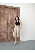 Bej Bermuda Baggy Cargo Kadın Jean Şort