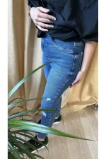 Knee-Length Laser Detail Cut-Out Hem Blue Lycra Denim Jeans (Sizes 34-46)