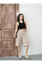 Bej Bermuda Baggy Cargo Kadın Jean Şort