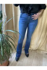 Jean bleu marine à poches évasées en lycra, jambes larges