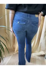 Jean bleu marine à poches évasées en lycra, jambes larges