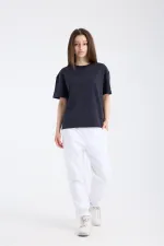 T-shirt ample à manches courtes pour femme, tissu épais, bleu marine