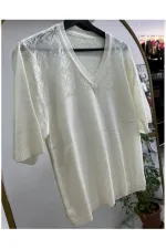 Women's Off-White V-Neck Thin Knit Blouse, Stylish Summer Casual Knit T-shirt, Sweater